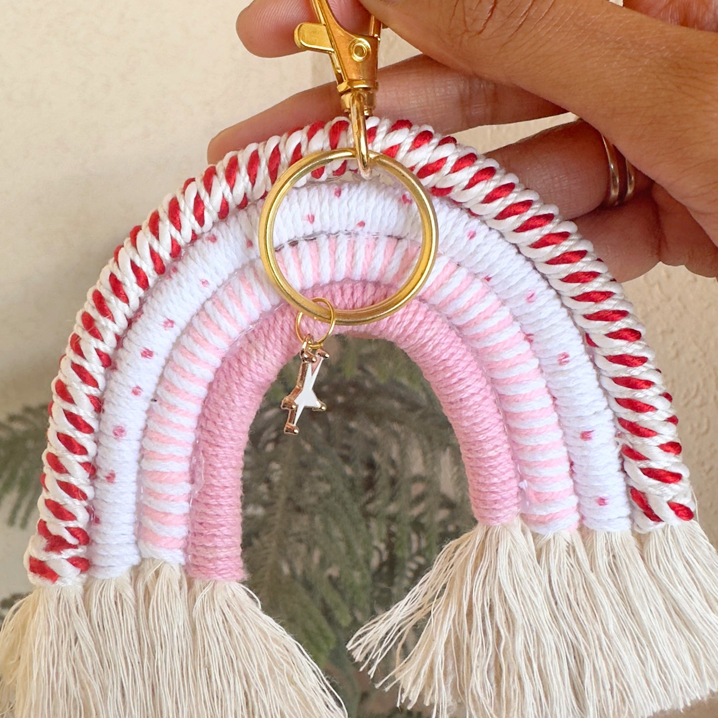 Red Cherry Macrame Rainbow Keychain